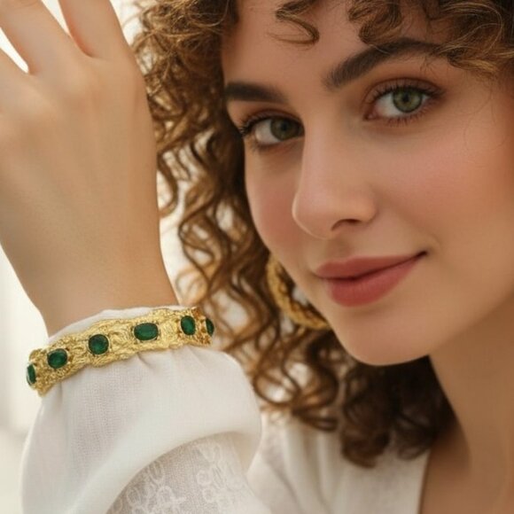 Vintage-Inspired Gold Cuff Bracelet | Green Zirconia Gems | 18K Gold Plated - Picture 10 of 12